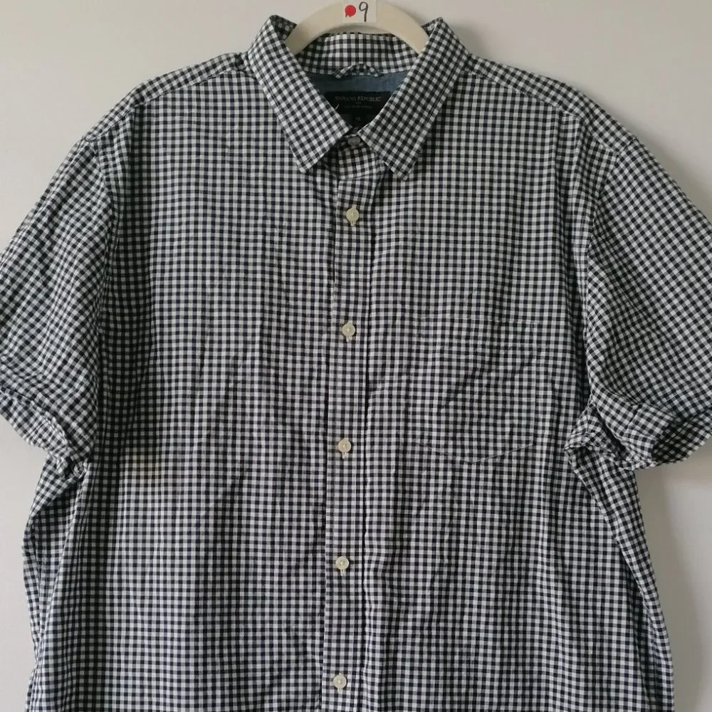 Banana Republic Mens Blue White Short Sleeve Checks Button Up Shirt Size XL